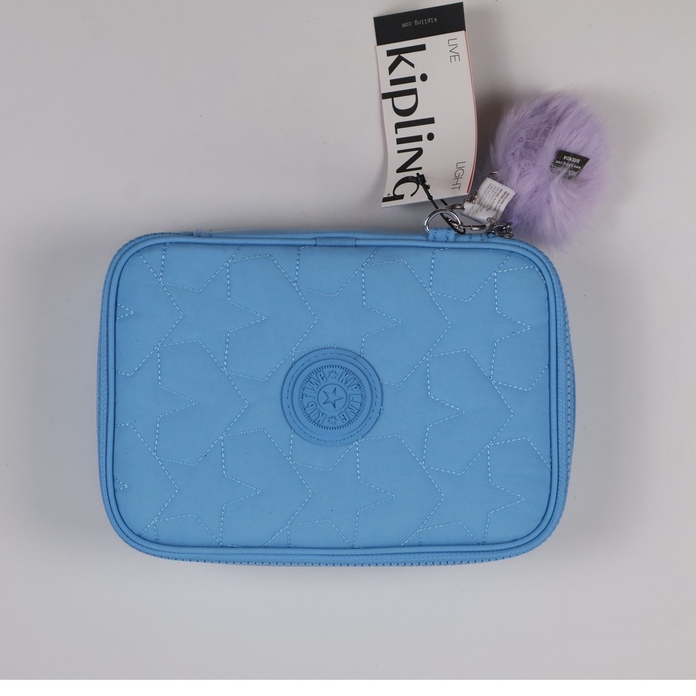 Kipling 50 Pens Pencil Case Pool Blue Quilted Star NWT